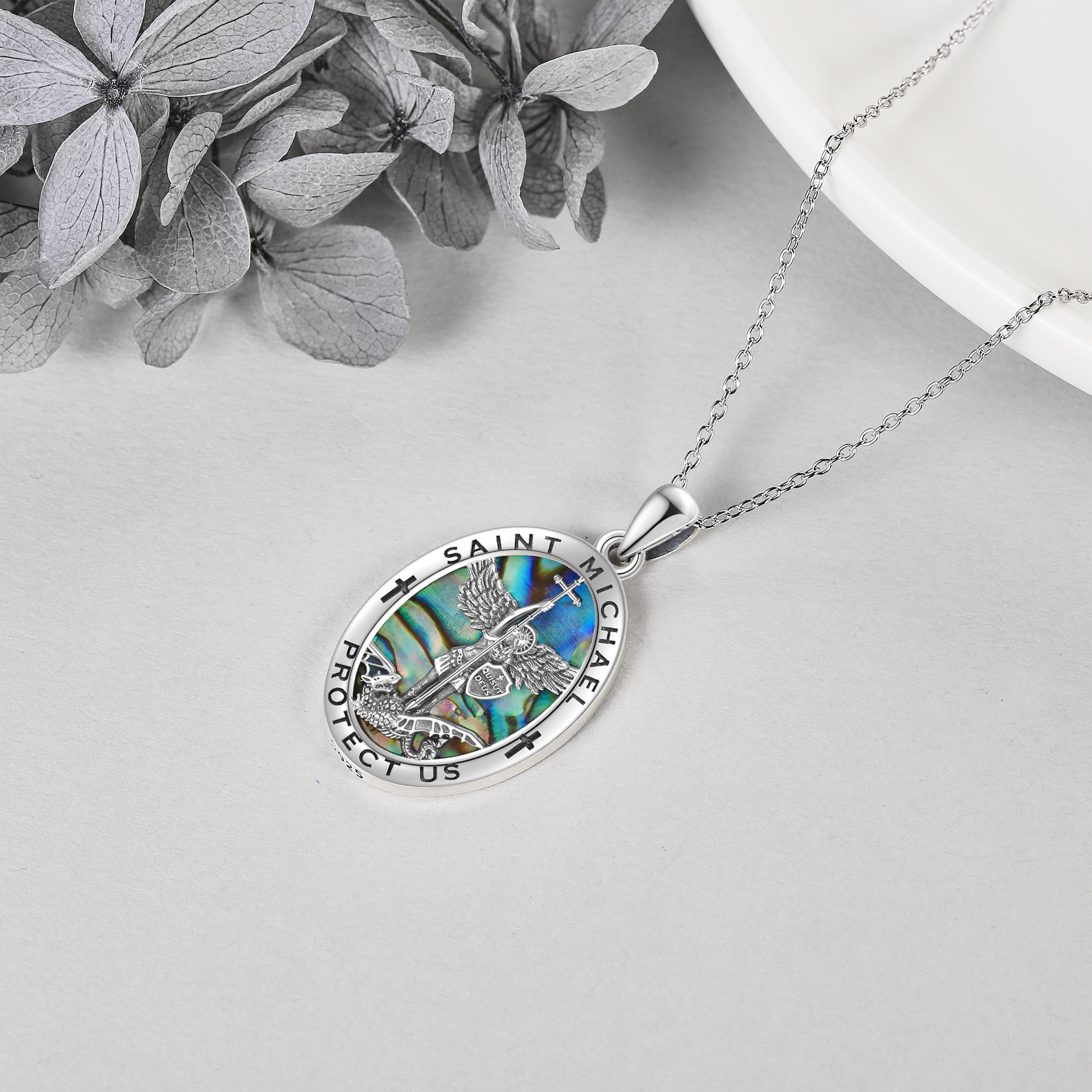 S925 Sterling Silver St Michael Necklace with Synthetic Abalone Shell